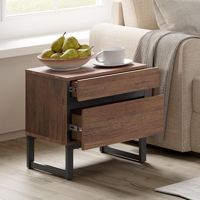 WAMPAT 2 Piece Modern End Table with 2 Drawers, Farmhouse Sofa Table, Wooden Rustic Side Sofa Table with Metal Leg for Living Room, Nighstand for Bedroom, Brown