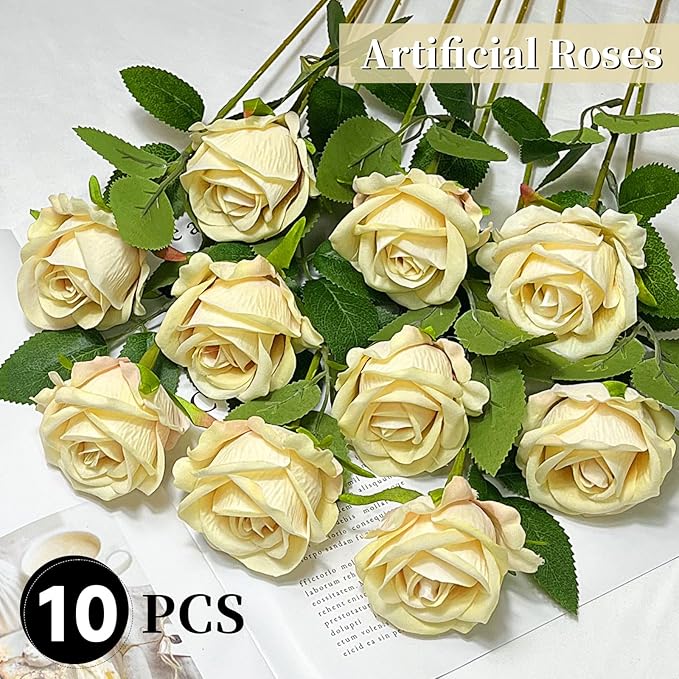 10 PCS Artificial Roses with Long Stems Silk Flowers Realistic Foam Flowers Fake Roses for Valentine's Day Home Wedding Halloween Decor(Champagne)
