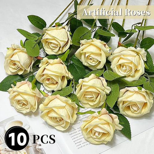 10 PCS Artificial Roses with Long Stems Silk Flowers Realistic Foam Flowers Fake Roses for Valentine's Day Home Wedding Halloween Decor(Champagne)