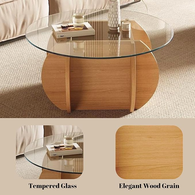Honyee Round Glass Coffee Table, 30.7" Small Coffee Table with Tempered Glass Top and Wood Grain Base, Modern Circle Coffee Table for Living Room, Easy Assembly, Natural