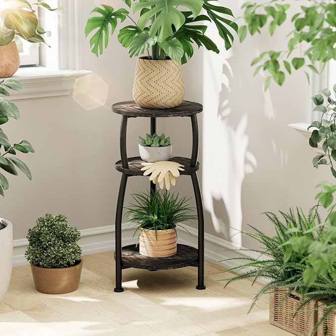 Small Round Side Table, 3-Tier End Table with Storage Shelf, Slim Sofa Table Coffee Table, Sturdy & Easy Assemble Nightstand for Small Spaces, Living Room Bedroom Corner, Oak Dark