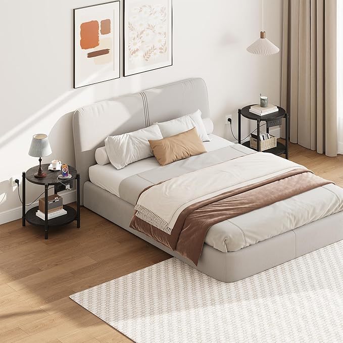 LIKIMIO Round End Tables, Set of 2, 16" W Small Round Side Tables with Charging Station, 2-Tier Modern Nightstands for Small Spaces, Living Room, Bedroom, Black