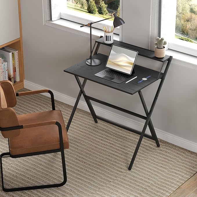 HOMCOM Small Folding Desk, 32 Inch Foldable Computer Desk with Monitor Shelf, Space Saving Portable Writing Table for Small Spaces, Home Office, Study, Easy Assembly, Black