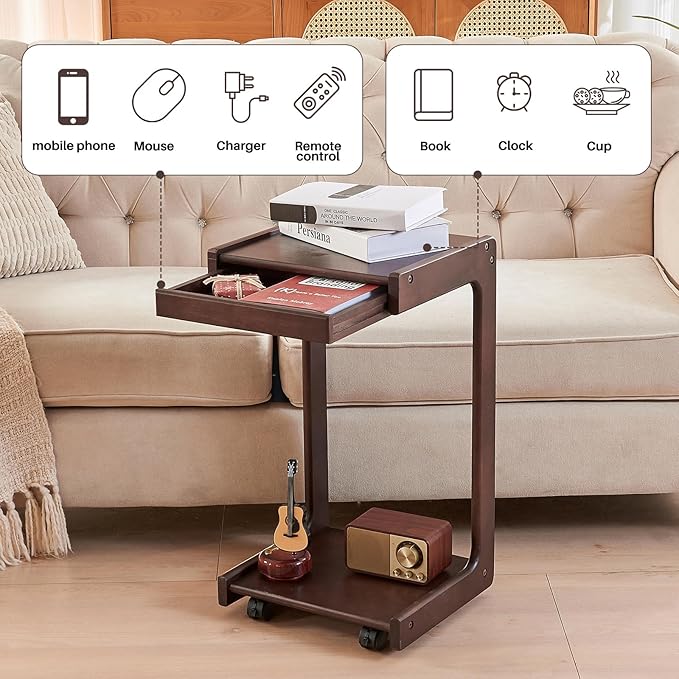 Wood Side Table for Couch - C Shaped Rolling End Table with Wheels, Wooden Modern Small Tv Tray Bedside Tables with Drawer for Sofa Armchair Living Room Bedroom, Walnut, 13 in x 14.4 in x 26 in