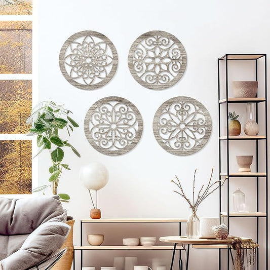 Zzbakress 4 Pieces Farmhouse Wall Decor Rustic Circle Wall Decor Wooden Hollow Carved Round Wall Art for Living Room Bedroom Kitchen Bathroom Home Wall Decoration (Elegant, Retro)