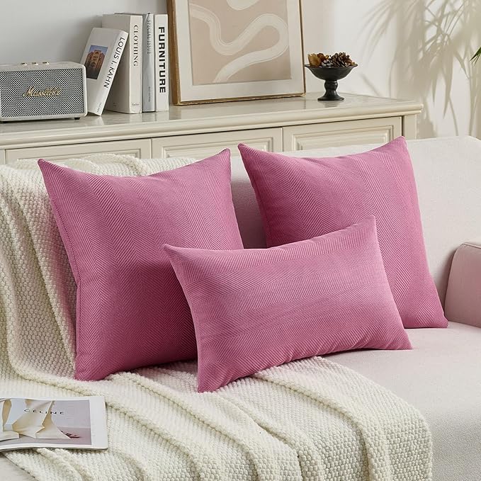 FUTEI Hot Pink Chenille Throw Pillow Covers 22x22 Inch Set of 2,Soft Wide Chevron Textured Cushion Case,Farmhouse Home Decor for Couch Living Room