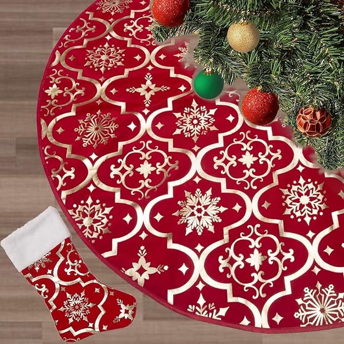 Flash World 36 Inch Large Christmas Tree Skirt Xmas Soft Cover Mat Decor Snowflake Collar Farmhouse Tree Skirt for Holiday Ornaments Party Home Indoor Decorations (Red, 36INCH)