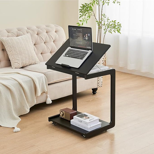 C Shaped Rolling End Table with Wheels - Solid Wood Side Table for Couch, Wooden Modern Tv Tray Bedside Tables for Sofa Armchair Living Room Bedroom, Black, 15.4 in x 23.6 in x 24.8 in