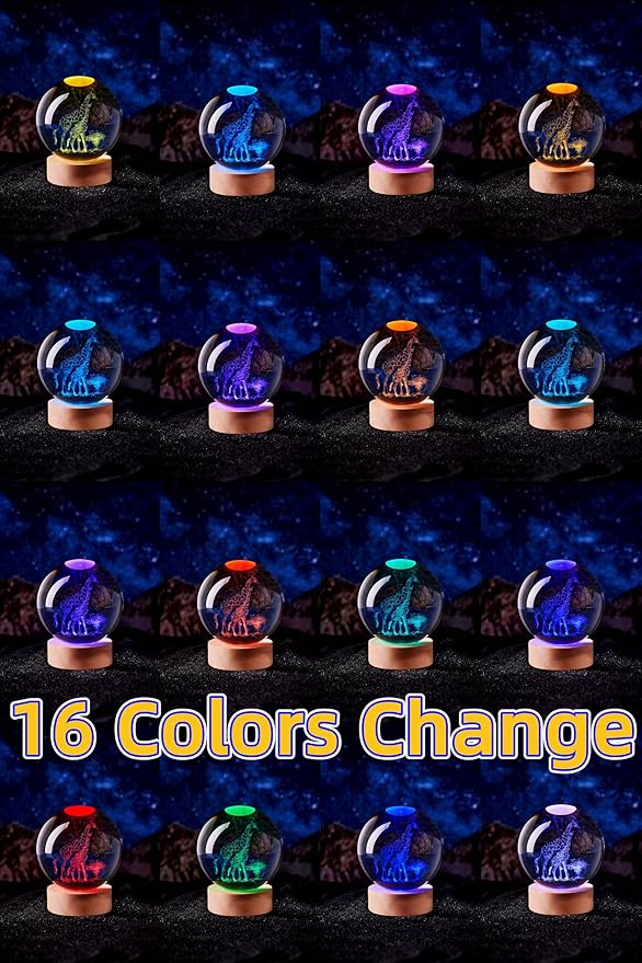 Giraffe Crystal Ball Lamp with LED Wooden Base, 16 Colors Change & Remote Control Crystal Ball Night Light, Upgraded 3.15 Inch Glass Light, Gift for Kids Wife Girlfriend (Giraffe)