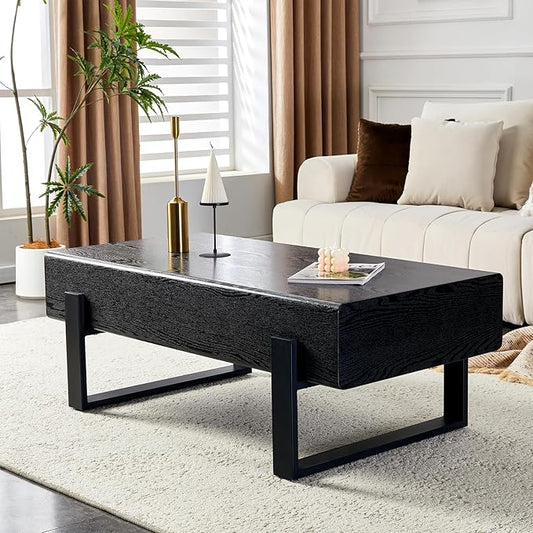 47.24" Rectangle Coffee Table, Wood Coffee Table Center Table with 7.8" Thick Tabletop Metal Legs Rounded Corners for Living Room Office, Black