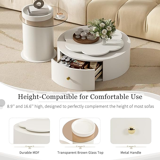27.5" Modern Round Swivel Coffee Table Set of 2, 360° Rotating Flower-Shaped Center Table with 2 Drawers & Side Tables,MDF Frame Glass Top End Tables for Living Room,Milky White