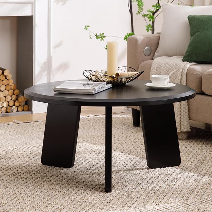 Mid Century Modern Coffee Table Wood Living Room Table Cute Round Coffee Table Center Table Side Table for Living Room Office Reception Room, Black