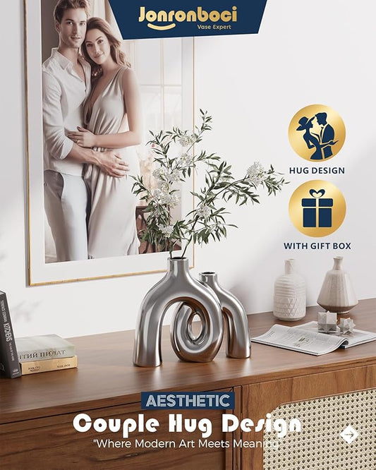 Hug Donut Decorative Vase Set - Silver Vase, Modern Nordic Boho Style Vases Home Decor, Matte Ceramic Decorations for Living Room Shelf, Bookshelf Mantle Entryway Table or Console Décor (Silver)