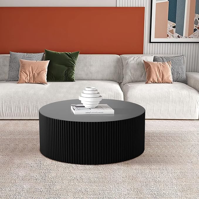 Round Coffee Table, Modern Black Side Table End Table for Living Room, Wood Circle Drum Coffee Table with Handcrafted Relief, Contemporary Living Center Table