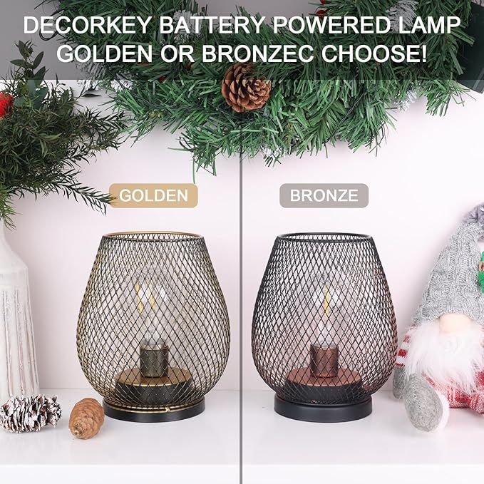 DECORKEY Set of 2 Battery Operated Lamp LED Table Lantern, Brown Metal Cage Cordless Lamps with LED Bulb，Vintage Decorative Outdoor Lantern for Weddings, Parties, Patio, Events for Indoors Shelf Decor