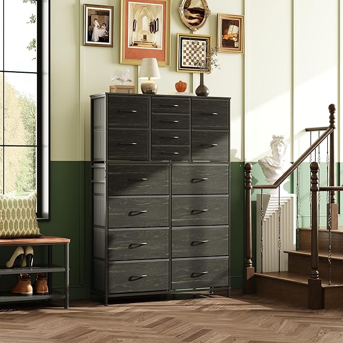 Tall Console Table with 16 Fabric Drawers, Entryway Table with Storage, Large Storage Organizer with Wood Top, Steel Frame for Living Room, Hallway, Office, Charcoal Black Wood Grain Print