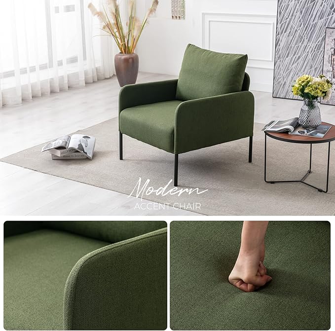 Linen Fabric Living Room Accent Chairs Bedroom Single Sofa Chair, Upholstered Reading Arm Chair Modern Couch w/Comfy Pillow for Waiting Room/Apartment/Dorm, Green