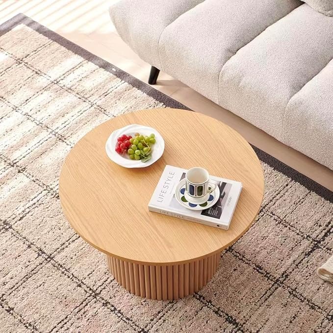 27" Round Coffee Table, Coffee Table for Living Room, Mid Century Modern Wood Coffee Table, Drum Accent Small Center Table, Oak Wood Veneer