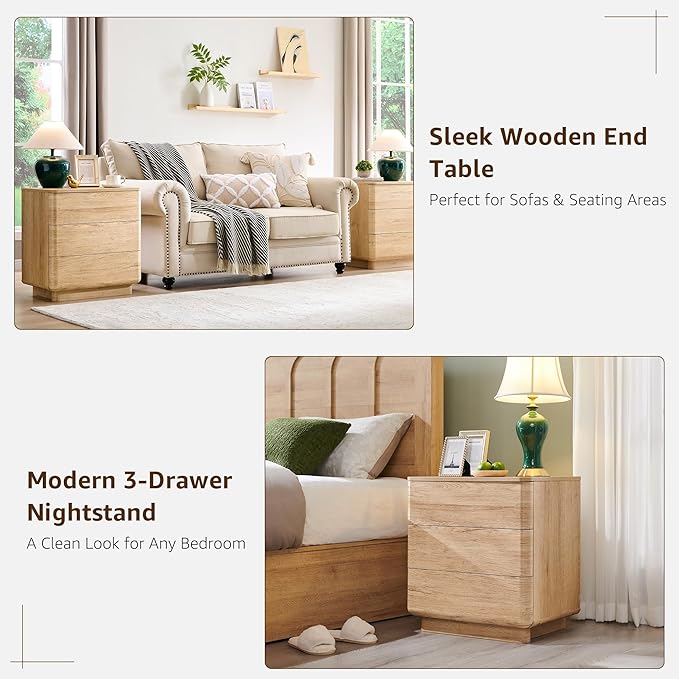 ACCOHOHO 22" Modern Nightstand with Charging Station, Push-to-Open Handleless 3-Drawer Bedside Table, Large End Table with Storage, Night Stand for Bedroom, Living Room, Curved Profile, Natural Oak