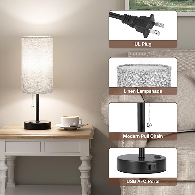 17.4Inches Grey Bedside Lamp for Bedroom Nightstand - Tall Table Lamp with USB A + C Charging Port & AC Outlet, 3 Color Temperatures Pull Chain Light, Side Table Desk Reading Lamp for Living Room
