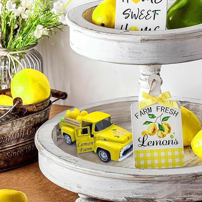 Lemon Decor Vintage Truck Decor with Mini Faux Lemons and Wooden Crate Summer Tiered Tray Decor Lemon Decorations for Home Desk Shelf Farmhouse Kitchen Centerpieces for Tables- Yellow