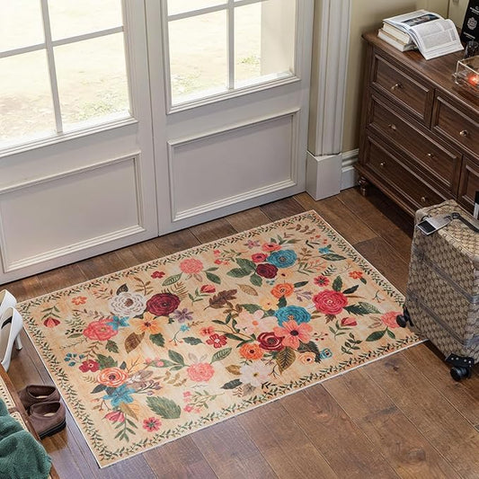 Floral Rug for Entryway, 2x3 Washable Kitchen Mat Ultra-Thin Soft, Non-Slip Indoor Door Carpet Stain Resistant Boho Small Low-Pile Throw for Bathroom Bedroom (2 x 3, Yellow Lawn)