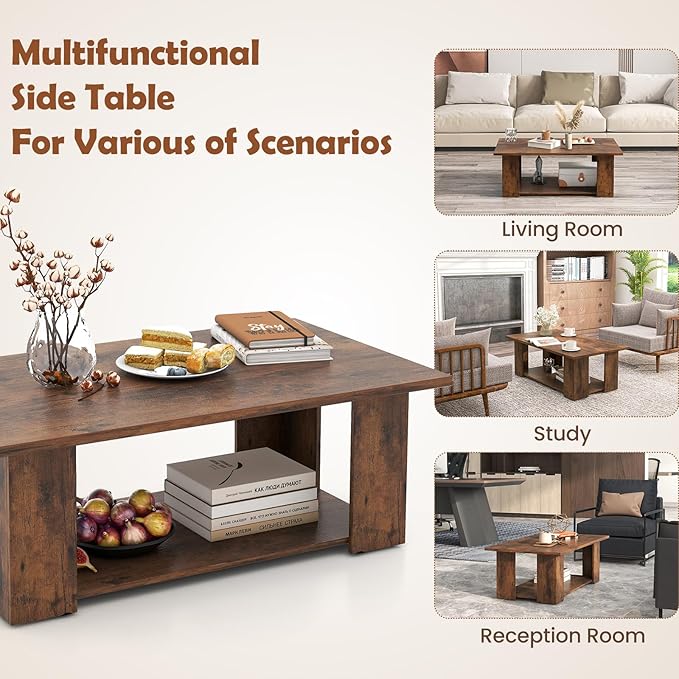 Giantex Rectangle Wood Center Table, 41" L 2-Tier Large Modern Tea Table w/Open Compartment, Easy Assembly, Accent Coffee Table for Living Room, Reception Room, Rustic Brown