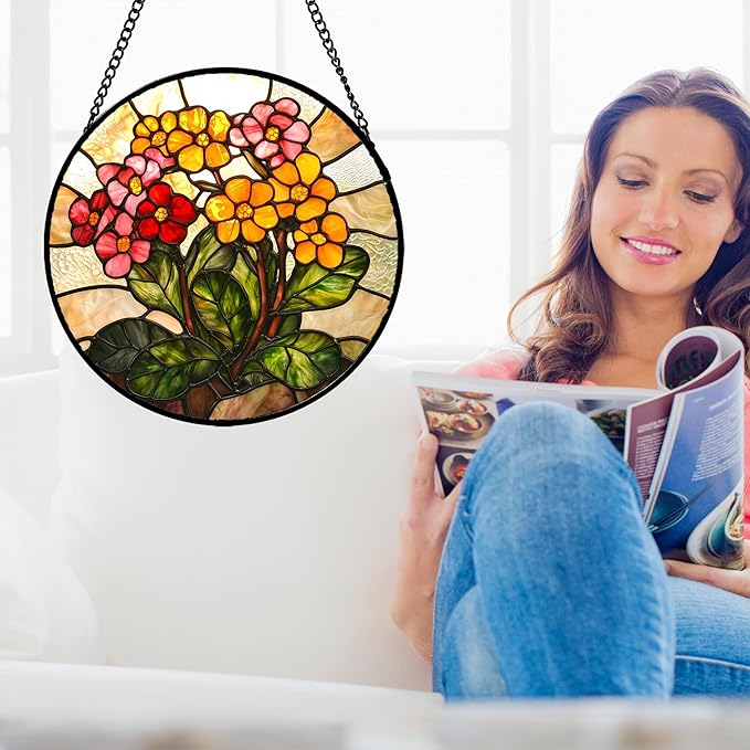 Stained Glass Window Hanging, Yellow Red Flowers Sun Catcher for Window Door Home Decor Green Plant Suncatcher Christmas Mother's Day Birthday Gifts for Women Men Mom and Nana 6.3 in