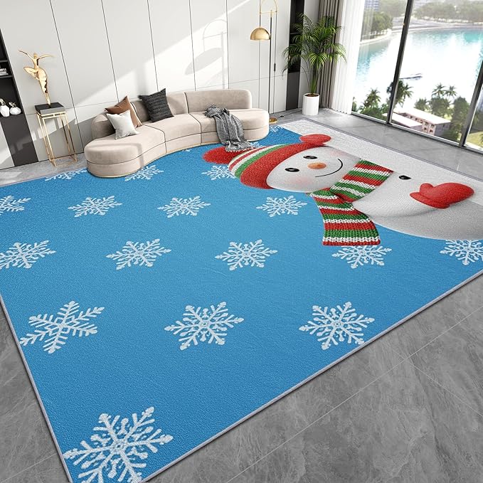 Snowman Rug Blue - 5x8 Rug, Christmas Snowflake Living Room Rugs, Snowman Bedroom Rugs, Kids Cartoon Xmas Carpet, Holiday Home Decor & Gifts