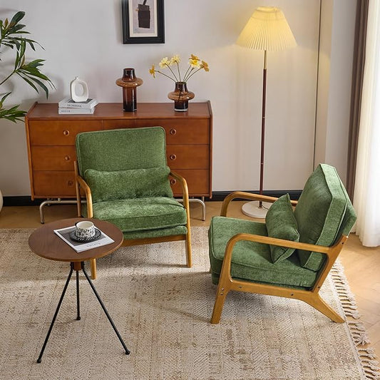 VINGLI Chenille Mid-Century Modern Accent Chair Set of 2, Cute Reading Arm Chair with Cushion & Lumbar Pillow & Solid Wood Frame for Lounge, Living Room, Reading Room, Bedroom, Olive-Green