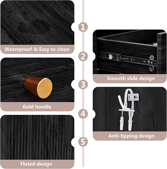 Fluted Console Table with Drawers, Mid-Century Narrow Entryway Table with Open Storage Shelves, Hallway Accent Tables Behind Couch Tables for Living Room (Black)