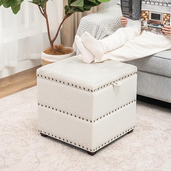 Adeco 18" White Square Storage Ottoman with Tray, Modern Cube Ottoman Coffee Table for Dorm, Bedroom