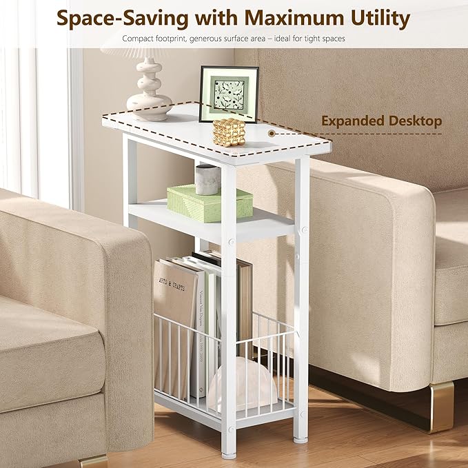 Heybly Small Narrow Side Table for Small Space, Thin Bedside Table with Storage Basket, Skinny End Table, 25.2" Tall Nightstand, Couch Table for Living Room, Bedroom, Study, Kitchen, White, HET004WT1
