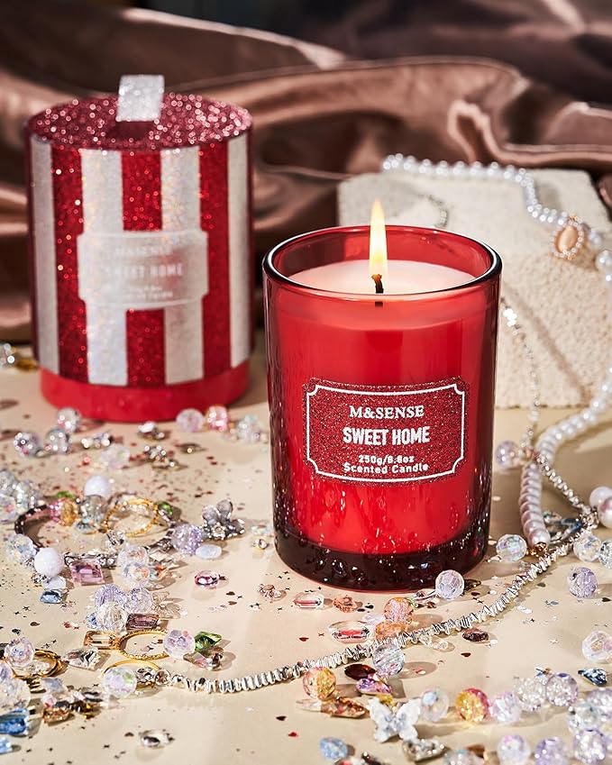 M&SENSE Cinnamon Apple Scented Candles, Classic Size 8.8 oz Glitter Jar Candles, Holiday Candles Gifts for Women, Strong Scented Natural Soy Candle For Winter Home Decor, 50 Hours Long Burning Candles