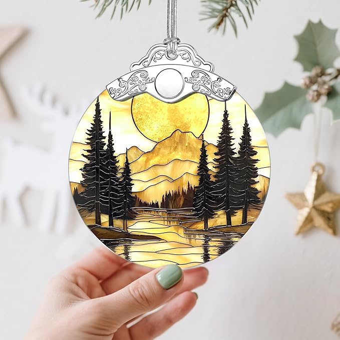 Mountain Sunset Stained Glass Ornament: Christmas Decorations, Ornaments for Christmas Tree & Holiday Ornaments – Holiday Presents, Gift Exchange Ideas & Elegant Gift for Family, Coworkers & Friends
