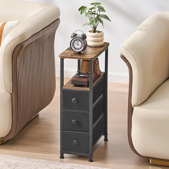 End Table, Narrow Side Table with 3 Fabric Drawers, Slim Nightstand, Small Bedside Table with Storage, Living Room, Bedroom, Rustic Brown HKET1300BR