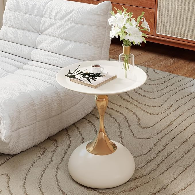 Metal Round End Table,Modern Pedestal Table,Corner Drink Tables,Accent Side Table Nightstand for Living Room,Patio and bar (Cream White)