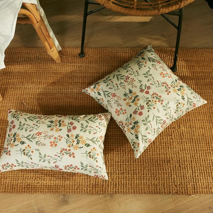 Floral Outdoor Lumbar Pillows Waterproof 12x20 for Patio Furniture Set of 2 Beige Cream Decorative Pillow Covers for Couch Porch Chair Bench Reversable Country Rustic Farmhouse Pillow Cases