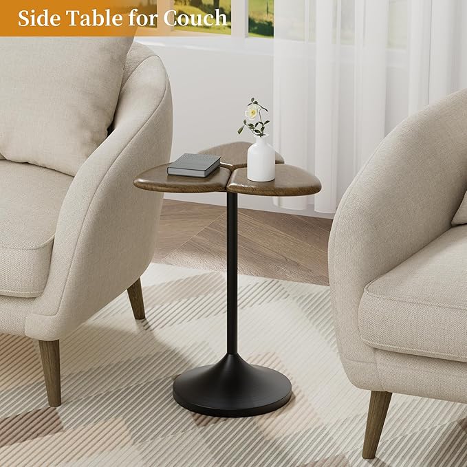 Aoligrace Clover Side Table, Solid Wood End Table, Unique Accent Side Table for Small Spaces, Wooden Small Coffee Table for Couch, Living Room, Bedroom Dec(Walnut)