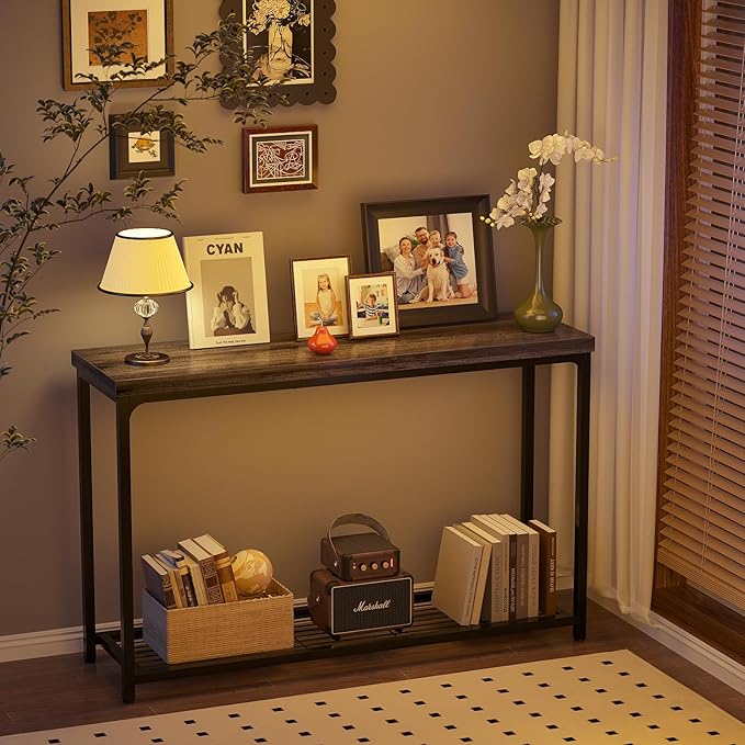 Console Table, Entryway Table, Sofa Table with Mesh Shelves, Console Tables for Living Room, Bedroom, Hallway, Entryway, Foyer (2 Tier, Oak Grey, 47 inch)