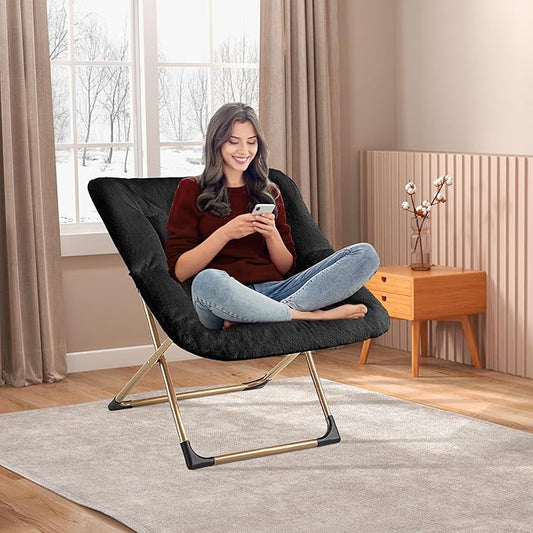 Comfy Oversized Saucer Chair, Soft Faux Fur Reading Lounge Chair for Adults, Stable X-Large Metal Frame and Non-Slip Pad, Foldable Cozy Chairs for Bedroom, Living Room, Dorm, Office, Black