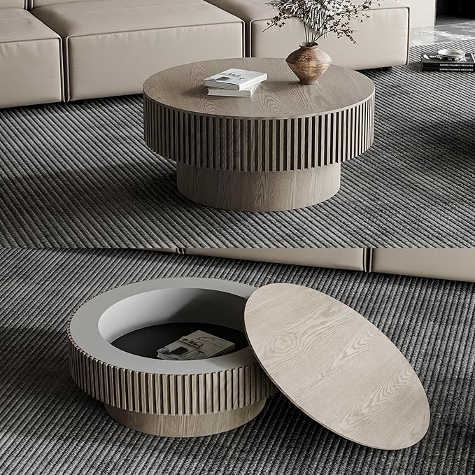 31.5 Inch Round Drum Coffee Table with Storage, Modern Handcraft Fluted Drum Coffee Table, Wooden Round Coffee Table Center Table with Sturdy Pedestal for Living Room Apartment (Grey)