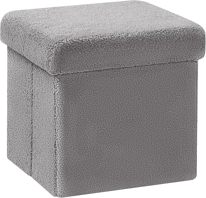 PINPLUS Storage Ottoman Cube Square Shaped Ottomans with Storage Foot Stool Footrest for Lving Room Boucle Ottoman Seat for Dorm Room,Faux Teddy Fur Grey,11.8"x11.8"x11.8"