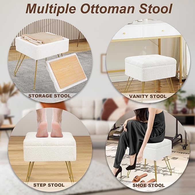 Vanity Chair with Storage, 15.7" L x 11.8" W x 17.7" H Teddy Velvet Vanity Stool with Coffee Table and Metal Legs, Multifunctional Makeup Stool for Vanity, Bedroom, and Living Room, White