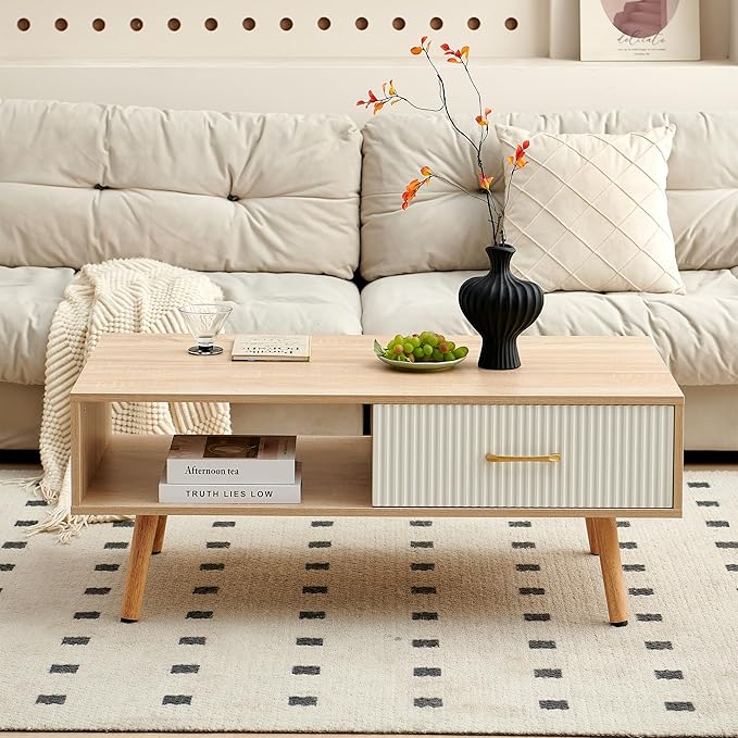 IANIYA Boho Coffee Table with Storage, Dining Table with Rattan Drawer and Solid Wood Legs, Small Center Tables for Living Room Small Space (Natural/White)