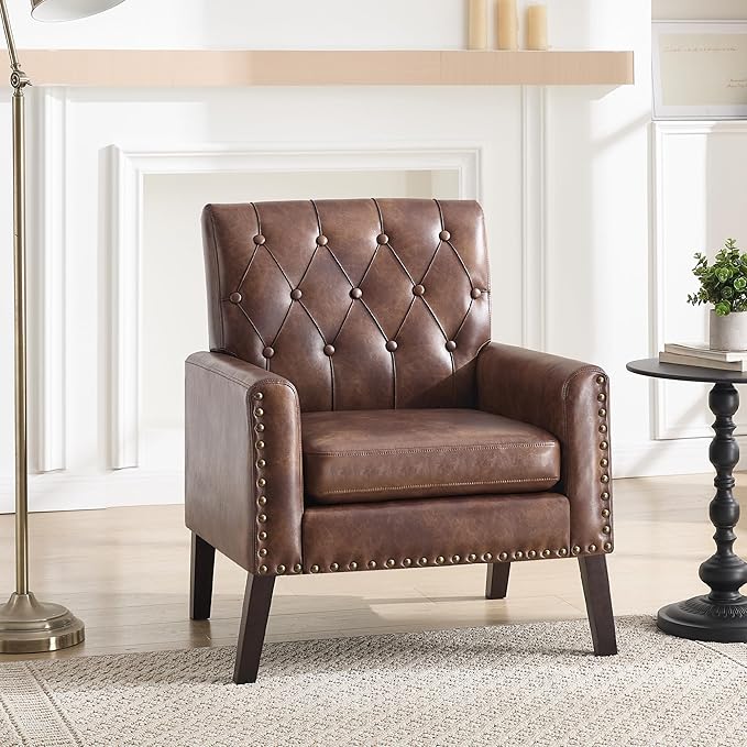 Mid Century Modern Accent Chair, Dark Brown Faux Leather Office Chair for Reception - Brown Leather Club Chair for Living Room, Bedroom, or Waiting Room