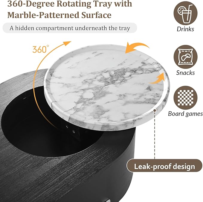 Lift Top Coffee Table with Hidden Compartment, Modern 47.2'' Oval Wooden Center Table Cocktail Tea Table with 360-degree Marble-Patterned Rotating Tray and 3 Drawers for Living Room,Black