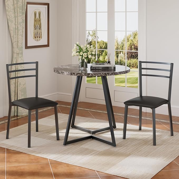 VECELO Small Round Dining Table Set for 2, Wood Tabletop with Strong Metal Frame, Modern Dinette with Chairs for Kitchen, Breakfast Nook Living Room, Faux Marbled & Grey