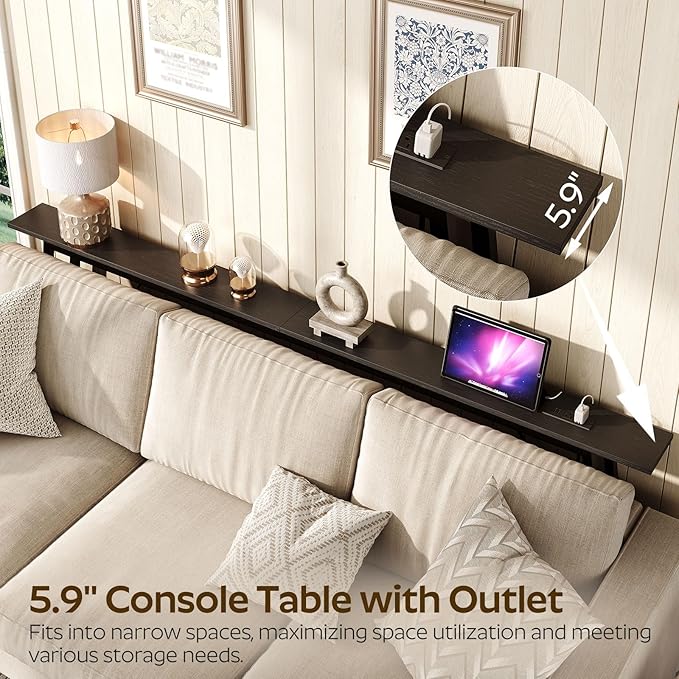 78.7" Couch Table Behind Sofa, Narrow Console Table with Outlet, Skinny Sofa Tables Narrow Long, Long Entryway Tables for Hallway, Entryway, Living Room, Black CT205UBB