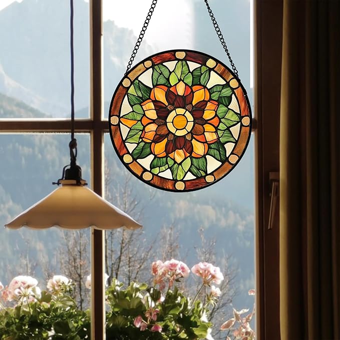 Stained Glass Window Hanging - Yellow Green Boho Style Flowers Sun Catcher for Door Garden Home Decor Suncatcher Christmas Mother's Day Birthday Gifts for Women Mom Girl Nana Friend 7.8 in